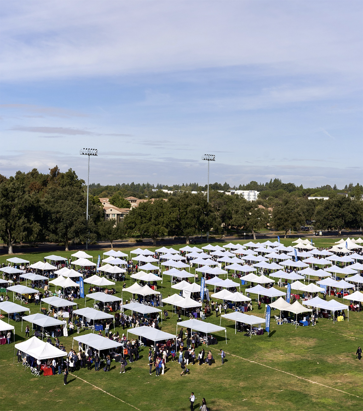 a field of large tent canopies