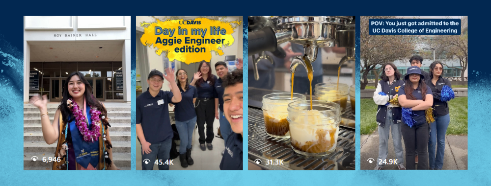 Four screenshots of Instagram Reel thumbnails with view counts