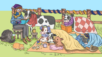 illustration of iconic uc davis animals snuggling up for storytime