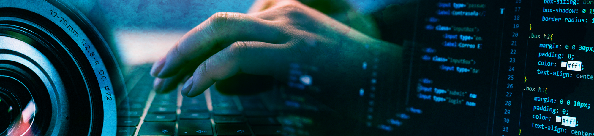 closeup of camera lens, laptop keyboard and computer screen displaying CSS